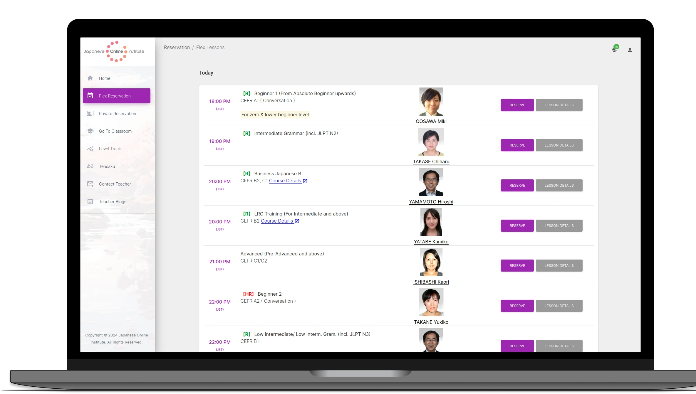 Online reservation system for scheduling Japanese language classes