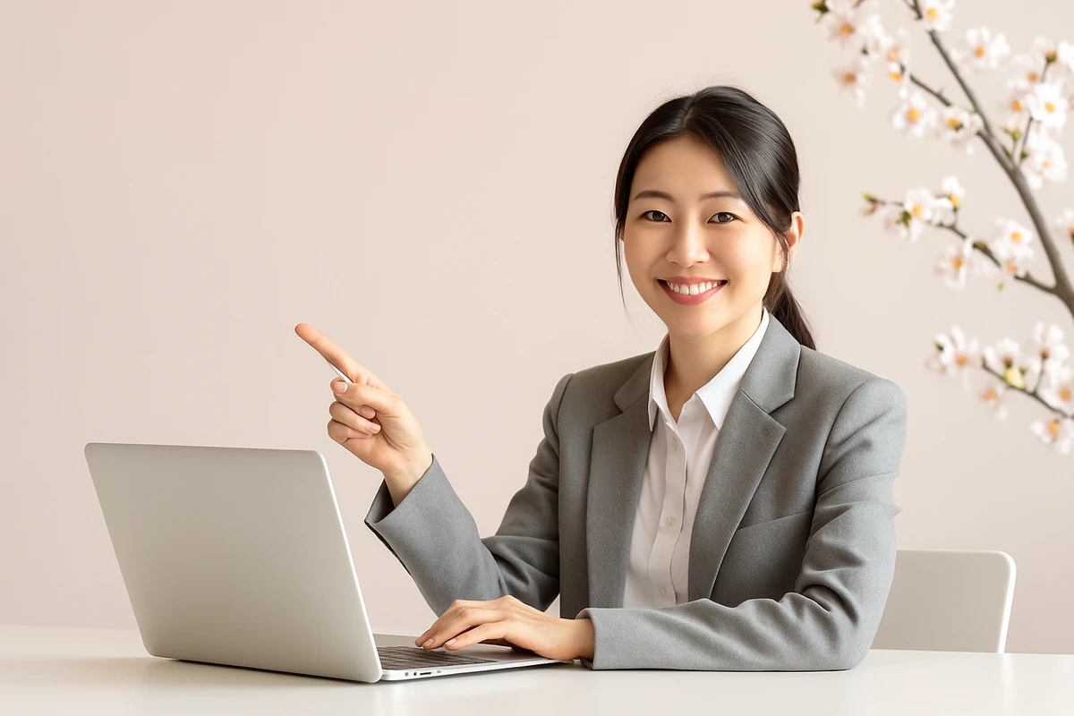 Online Japanese teacher with cherry blossoms